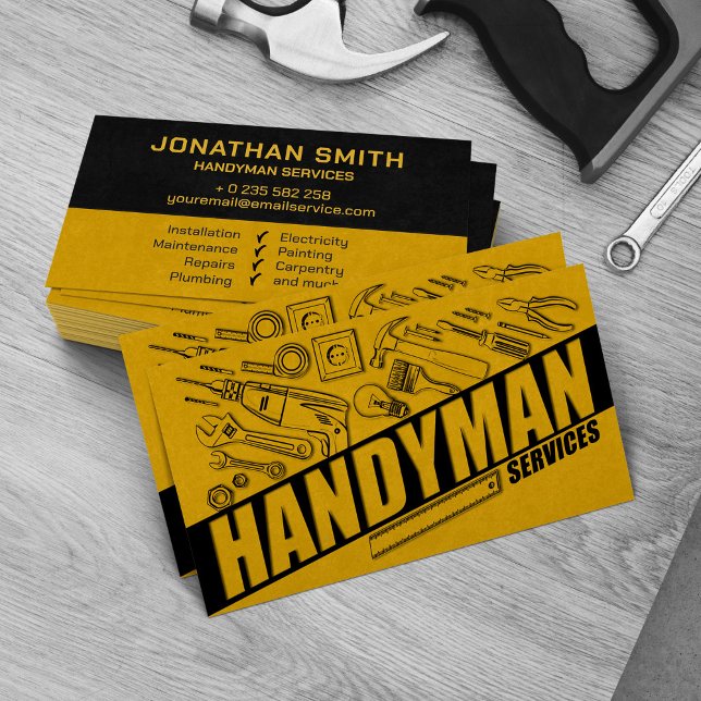 Handyman services yellow tools grunge  business card (Creator Uploaded)