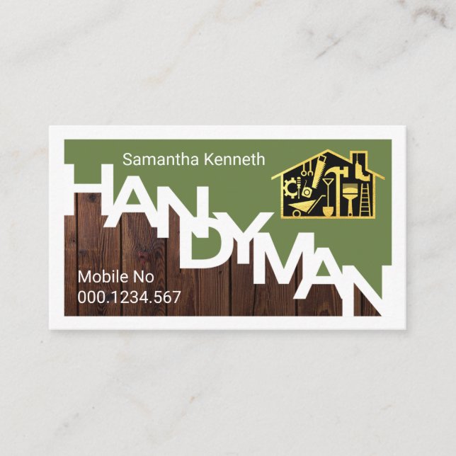 Handyman Signage Border Wood Grain Business Card (Front)