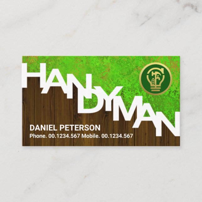 Handyman Signage On Timber Fence Green Garden Business Card (Front)