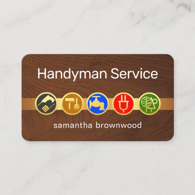 Handyman Tool Icons On Gold Tab Timber Wood Business Card (Front)