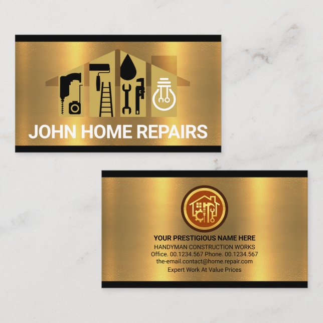 Handyman Tools Building On Gold Business Card (Front/Back)