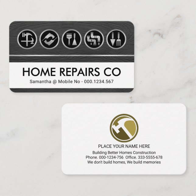 Handyman Tools Icon On Timber Wood Grain Business Card (Front/Back)