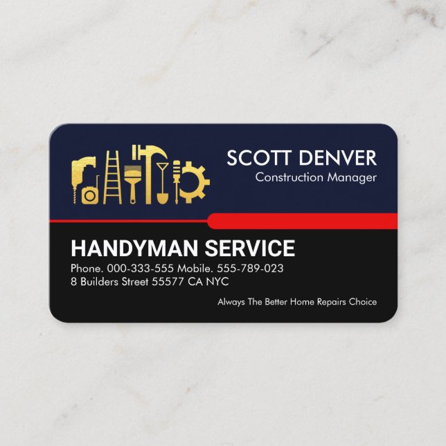 Handyman Tools On Blue Black Red Line Business Card (Front)