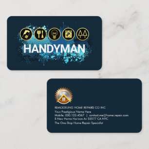 Handyman Tools On Blue Paint Splatter Business Card