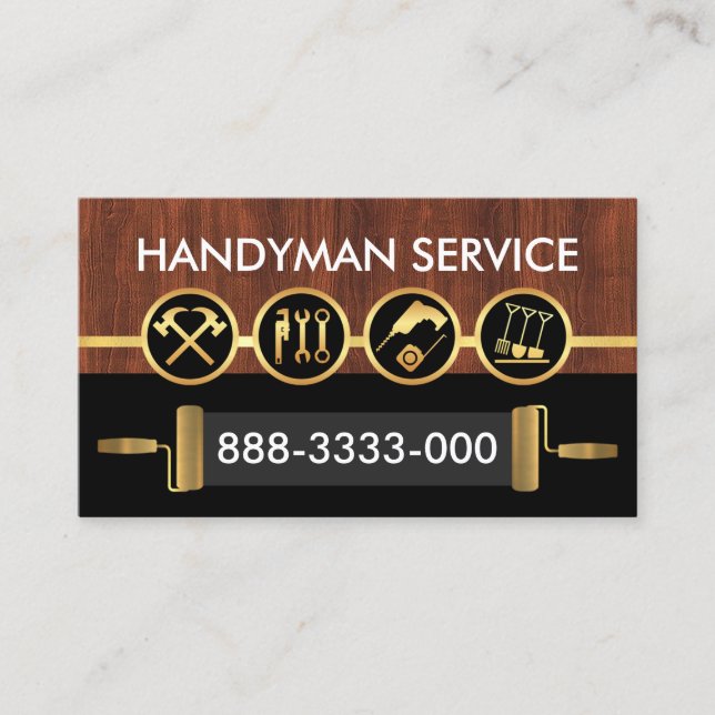 Handyman Tools On Stylish Wood Gold Line Business Card (Front)