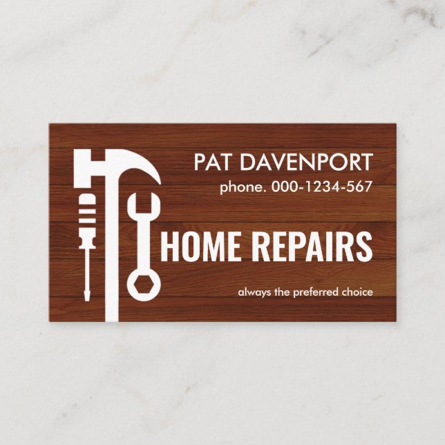 Handyman Tools On Timber Wood Business Card (Front)