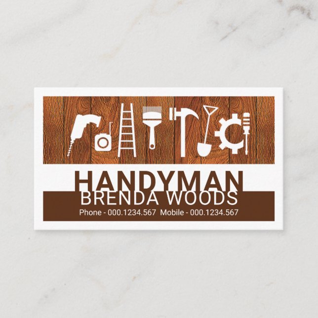 Handyman Tools On Wood Panel Business Card (Front)