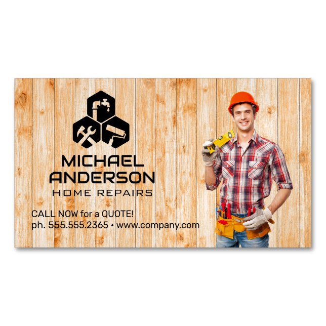 Handyman with Tool Belt | Home Repairs Magnetic Business Card (Front)