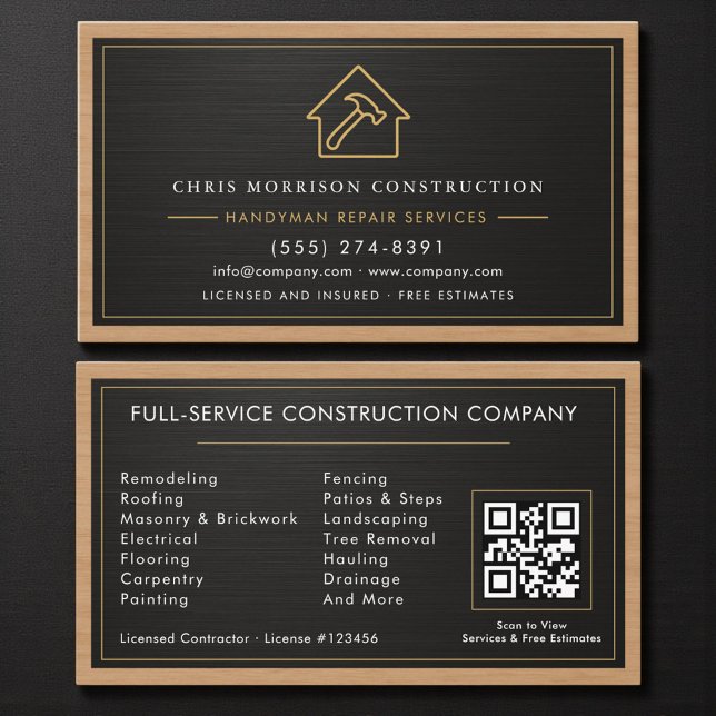 Handyman Wood Metallic Construction Black Gold  Business Card (Creator Uploaded)