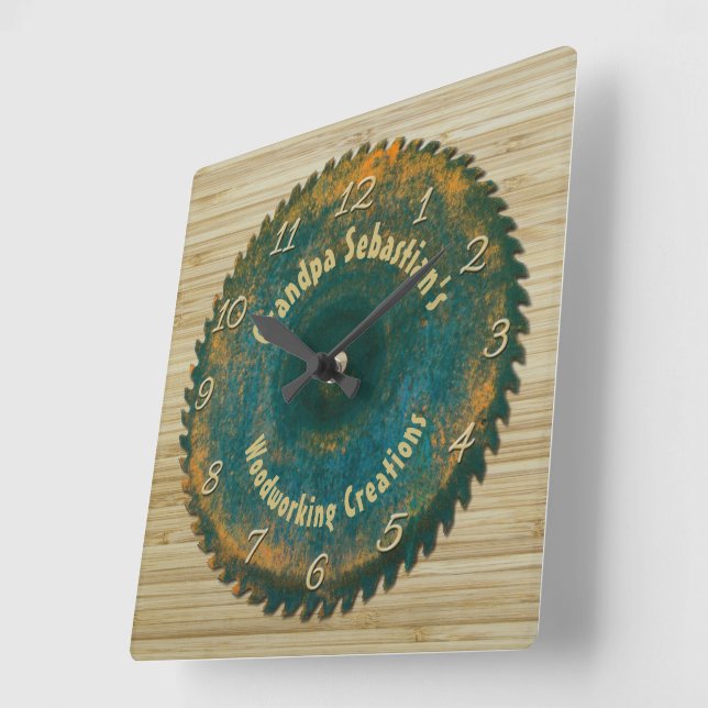 Handyman Woodworking Rustic Saw Blade Template Square Wall Clock (Angle)