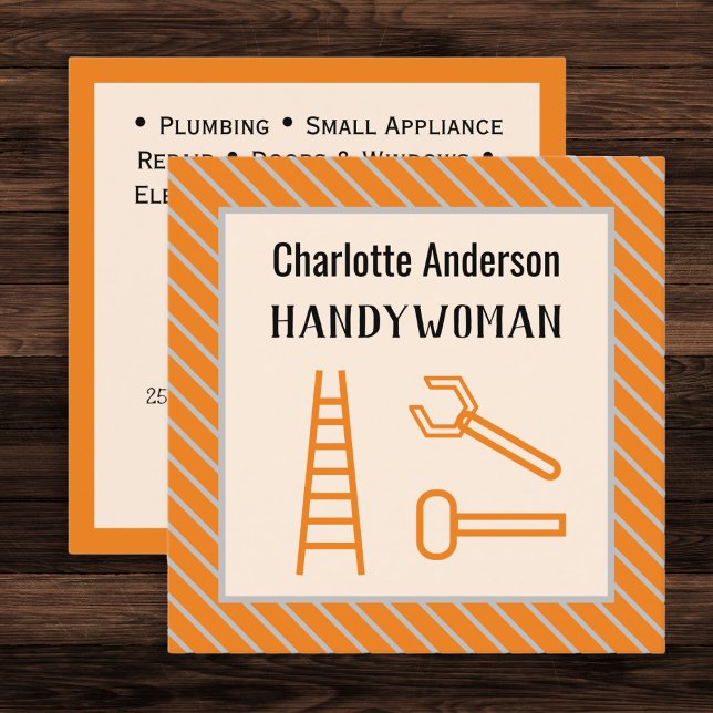 Handywoman Modern Orange Customisable QR Code Square Business Card (A customizable business card for a handywoman, in orange and peach)