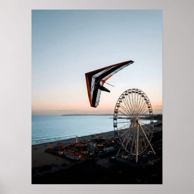 Hang Glider Soaring Over Coastal Ferris Wheel  Poster (Front)