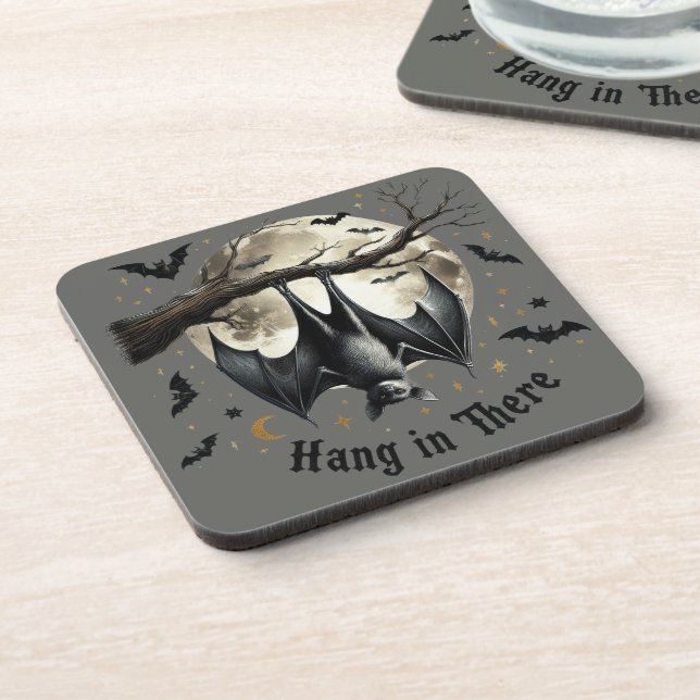 Hang in There Funny Vintage Bat Halloween Coaster (Left Side)