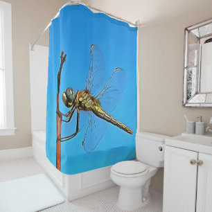 Hang On Artistic Dragonfly Against Cerulean Blue Shower Curtain
