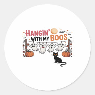 Hangin With My Boos Ghost Holding Black Cat Funny  Classic Round Sticker
