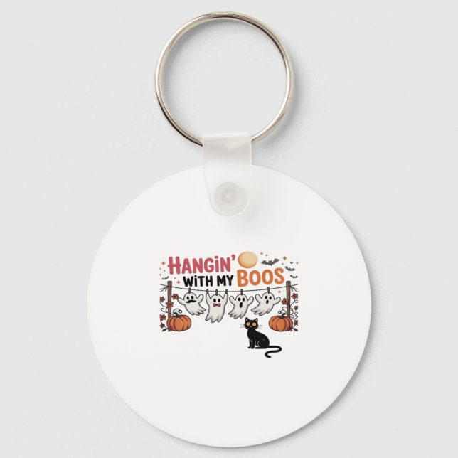 Hangin With My Boos Ghost Holding Black Cat Funny  Key Ring (Front)