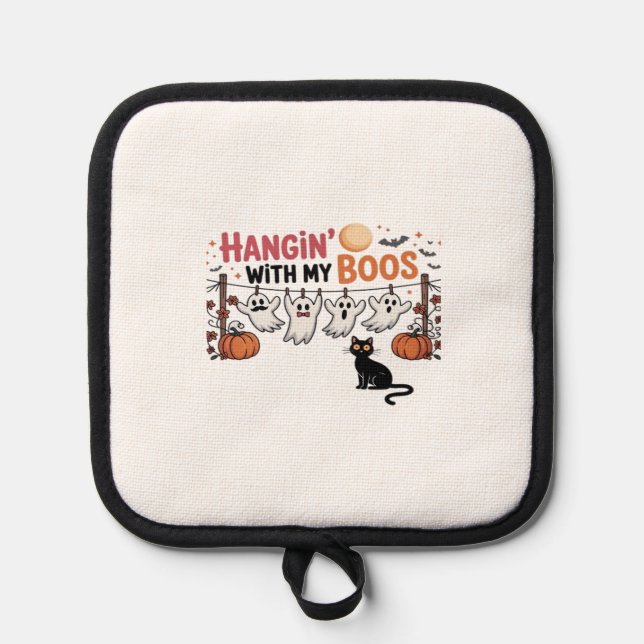 Hangin With My Boos Ghost Holding Black Cat Funny  Pot Holder (Front)
