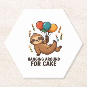 Hanging Around For Cake Birthday Balloon Sloth , C Paper Coaster