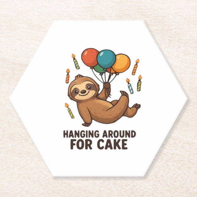 Hanging Around For Cake Birthday Balloon Sloth , C Paper Coaster (Front)