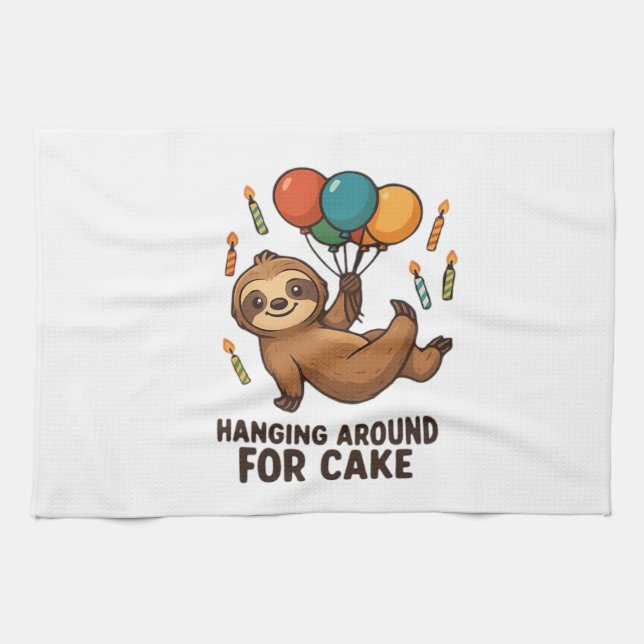 Hanging Around For Cake Birthday Balloon Sloth , C Tea Towel (Horizontal)