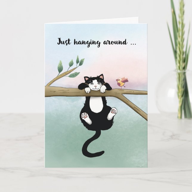 Hanging Around Thinking About You Cute Cat Bird Card (Front)