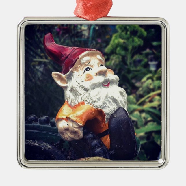 Hanging Around with the gnome in the garden. Metal Tree Decoration (Front)