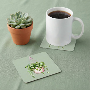 Hanging Basket Greenery Watercolor Square Paper Coaster