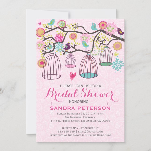 Hanging Bird Cages & Retro Flowers Bridal Shower Invitation (Front)