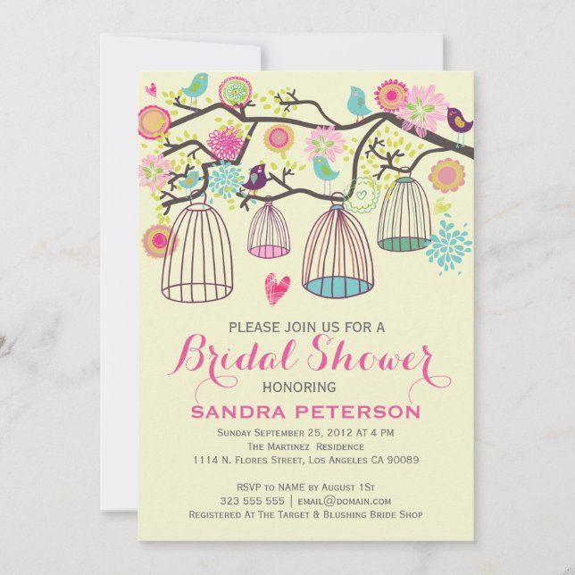 Hanging Bird Cages & Retro Flowers Wedding Sticker Invitation (Front)
