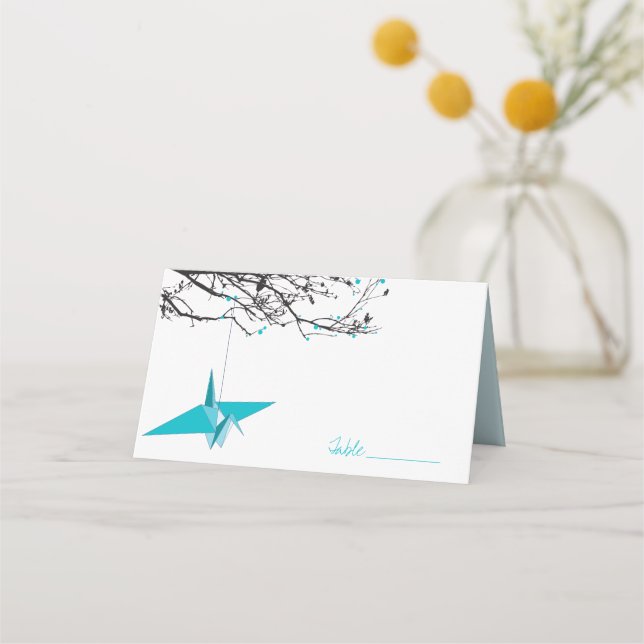 Hanging Blue Origami Paper Cranes Asian Wedding Place Card (Front)