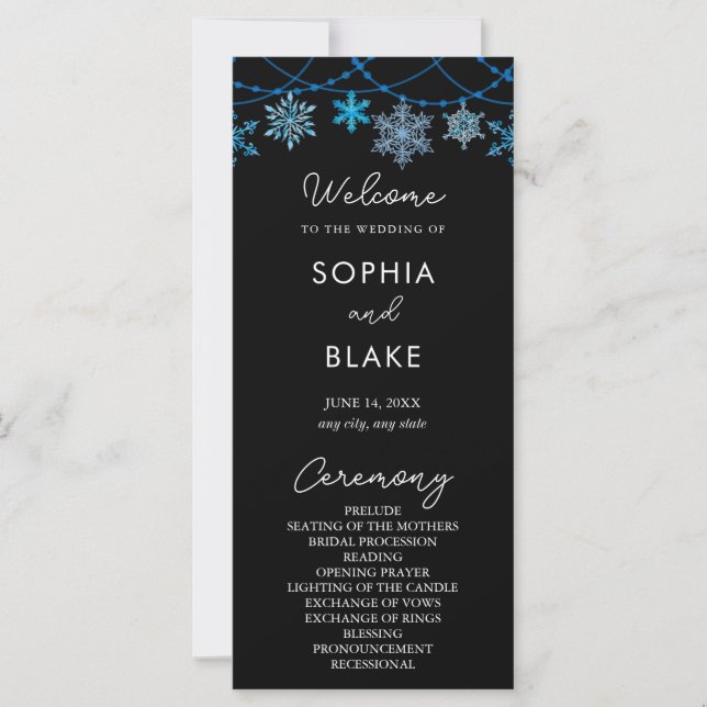 Hanging Blue Snowflakes Black Wedding Program (Front)