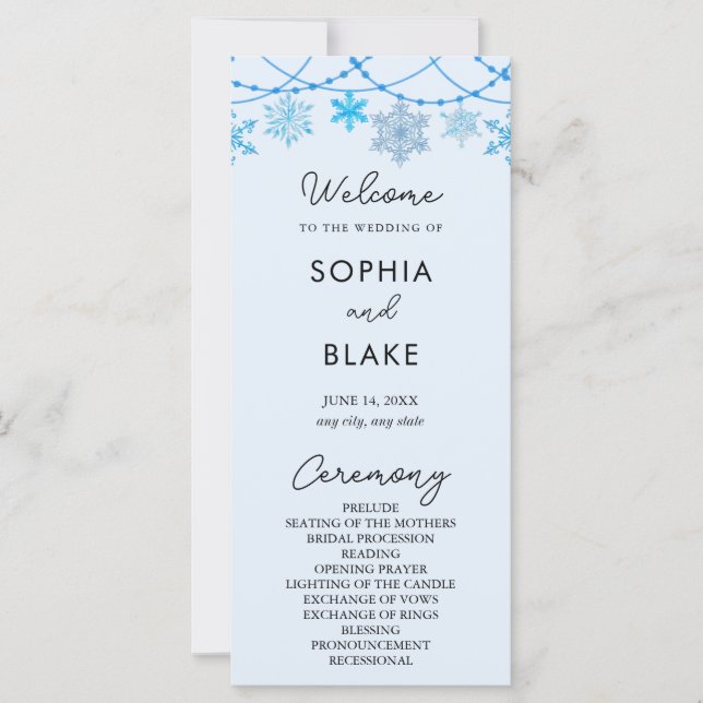 Hanging Blue Snowflakes Blue Wedding Program (Front)