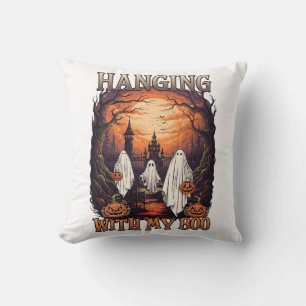 Hanging Boo Halloween Ghosts Pumpkins Full Moon_1 Cushion