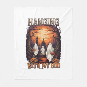 Hanging Boo Halloween Ghosts Pumpkins Full Moon_1 Fleece Blanket