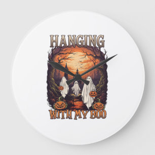 Hanging Boo Halloween Ghosts Pumpkins Full Moon_1 Large Clock