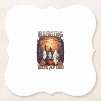 Hanging Boo Halloween Ghosts Pumpkins Full Moon_1 Paper Coaster