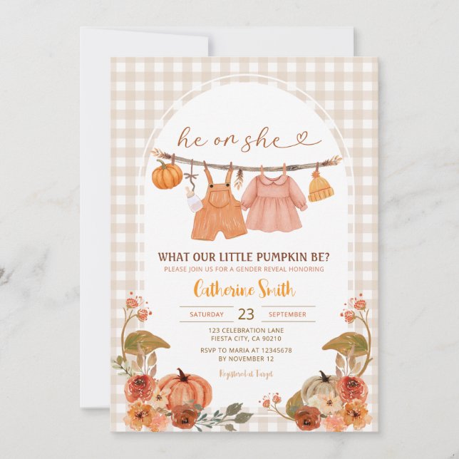 Hanging Clothes Pumpkin Gender Reveal Fall Autumn Invitation (Front)