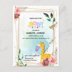 Hanging clothes w giraffe,Boho Floral Baby shower  Postcard
