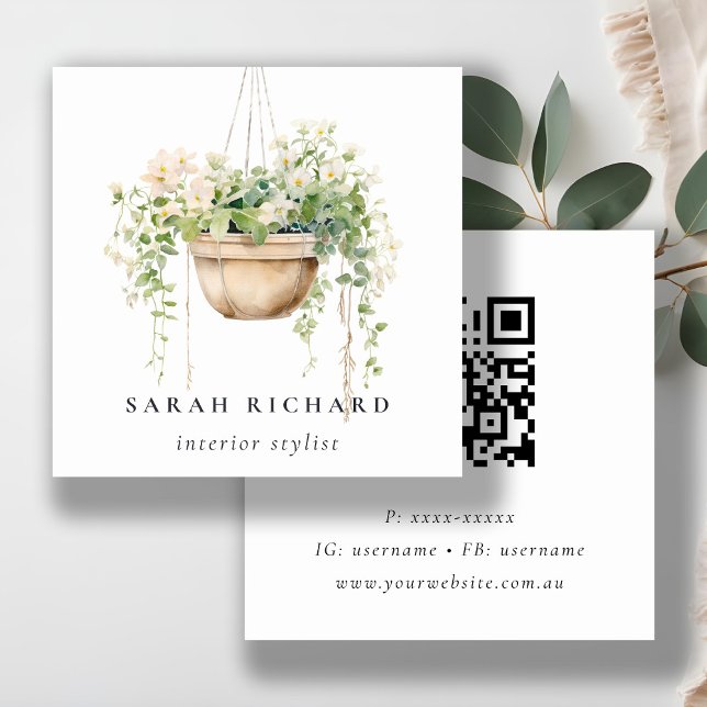 Hanging Floral House Plants Botanical QR Code Square Business Card (Creator Uploaded)