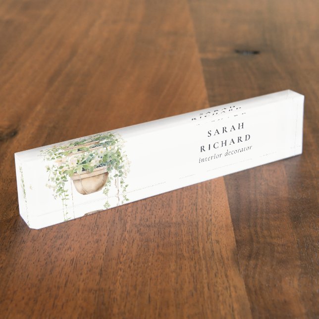 Hanging Floral House Plants Watercolor Botanical  Nameplate (Side)