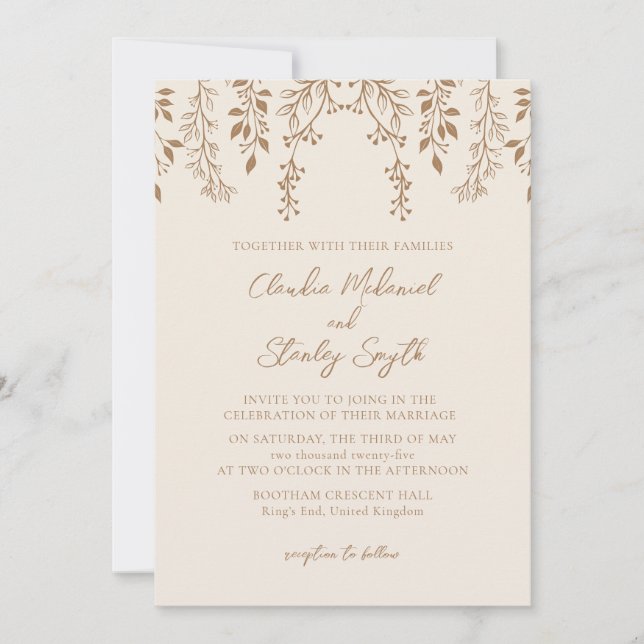 Hanging Florals Foliage Warm Beige Boho Invitation (Front)