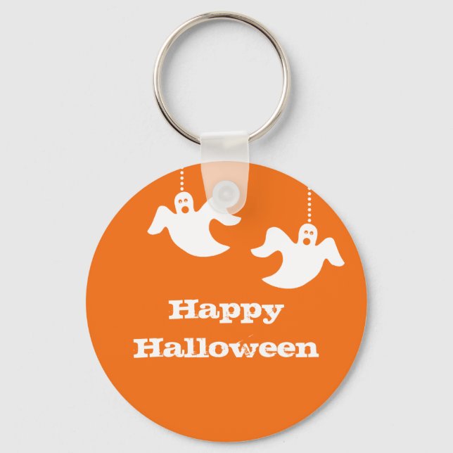 Hanging Ghosts Halloween Keychain, Orange Key Ring (Front)