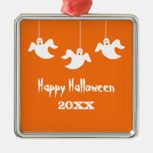 Hanging Ghosts Halloween Ornament, Orange Metal Tree Decoration