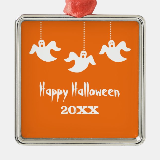 Hanging Ghosts Halloween Ornament, Orange Metal Tree Decoration (Front)