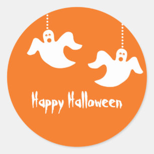 Hanging Ghosts Halloween Stickers, Orange Classic Round Sticker