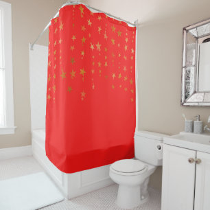 Hanging Gold Star on Red Shower Curtain