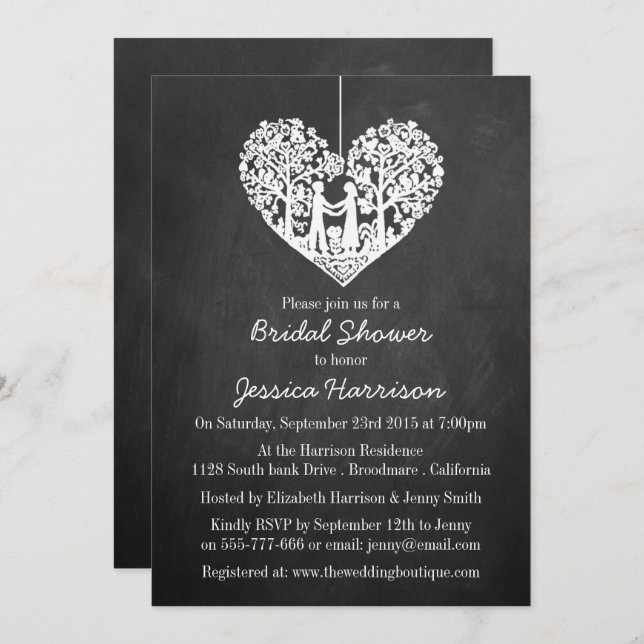 Hanging Heart Tree Chalkboard Bridal Shower Invitation (Front/Back)