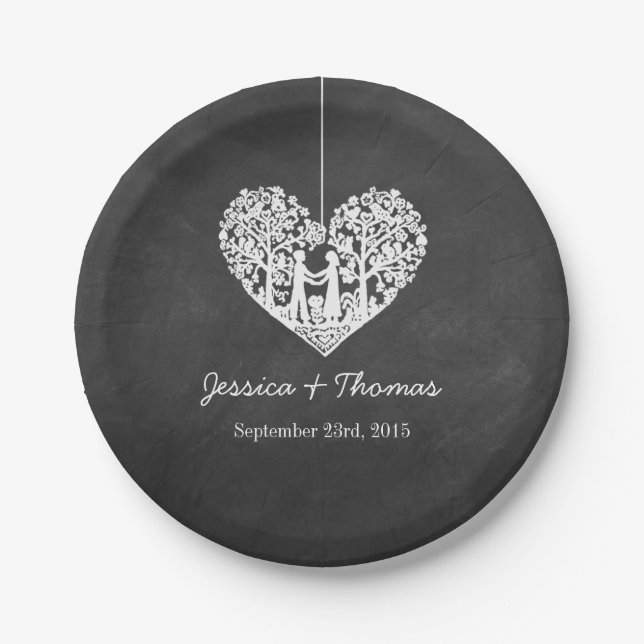 Hanging Heart Tree Chalkboard Wedding Collection Paper Plate (Front)