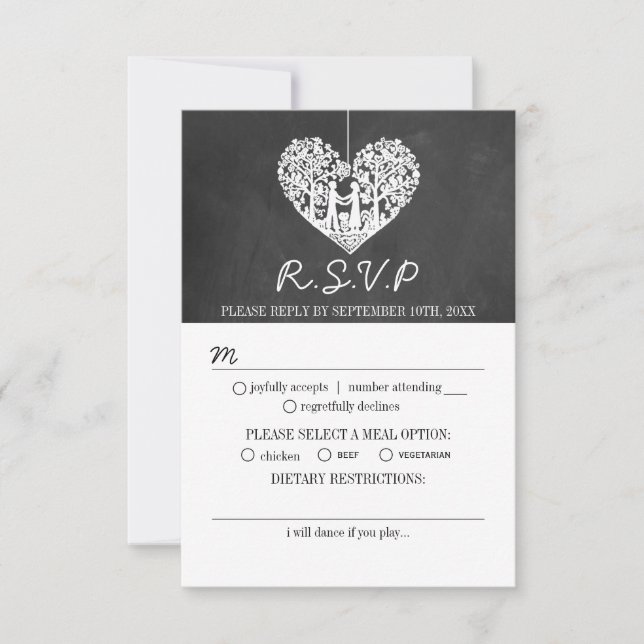 Hanging Heart Tree Chalkboard Wedding Collection RSVP Card (Front)