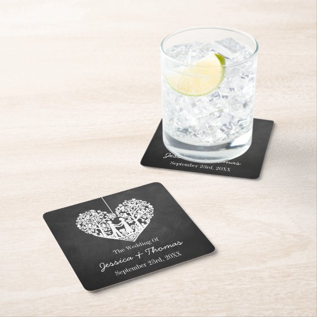 Hanging Heart Tree Chalkboard Wedding Collection Square Paper Coaster (Insitu)